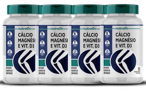 Kit 4 Cálcio Magnésio Vitamina D3 Nutralin 800mg 60 Comp