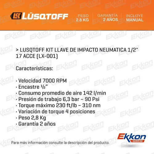 Llave Impacto Neumática Lusqtoff 1/2 PLG Kit 17 Accesorios
