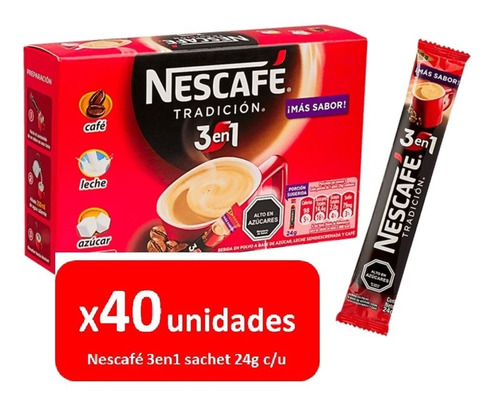 Pack 40 Café Instantáneo Nescafé 3 En 1 Sachet 24g C/u