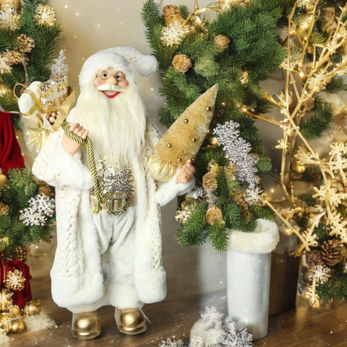 Papai Noel Com Roupa Branca Dourada Com Arvore De Natal 60cm