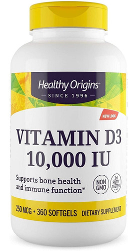 Vitamina D3 Healthy Origins 10,000 Iu 360 Cápsulas Blandas Sabor Sin Sabor