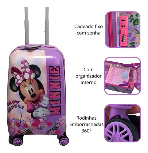 Mala Viagem Rígida Grande Infantil Carrinho Menina Minnie Cor Lilás Xyrius