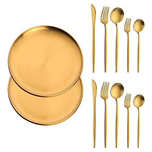 Conjunto Cubiertos Oro Mate Para 2 Platos Ensalada Acero Ino