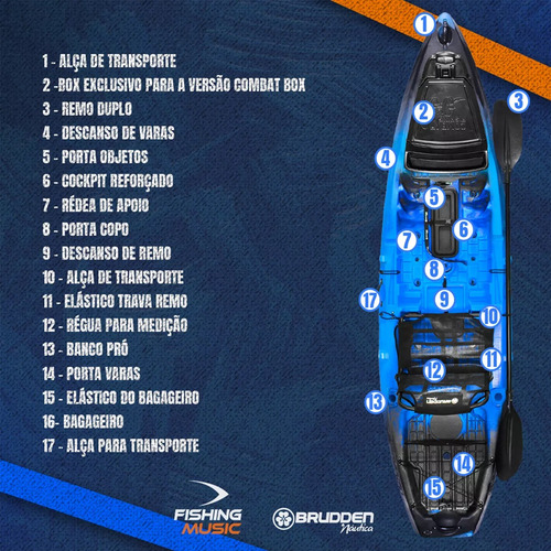 Caiaque Brudden Combat Fishing Box Com Cadeira Confortável Azul