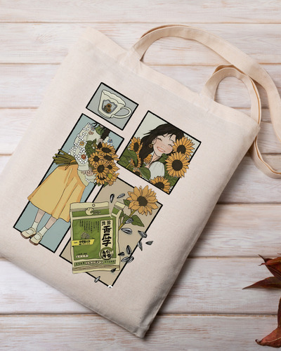 Tote Bag Tela Lienzo Estampado - Entre Girasoles 40 X 35cm Beige Entre Flores De Girasoles