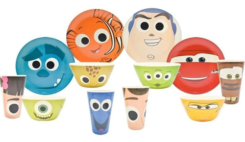 Vajilla Pixar 12 Pzas Bambú Nemo Cars Toy Story Monster Inc