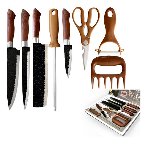 Jogo De Facas Chef Profissional 8 Pçs Cozinha Churrasco Inox Cor Marrom e Preto