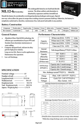 Ml12-6f2 - 6 Voltios 12 Ah, Terminal F2, Batería Recargable