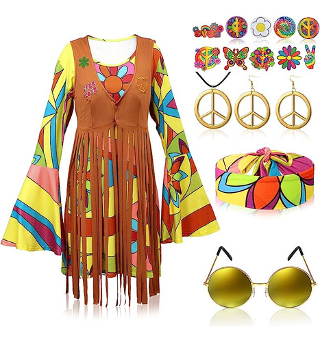 17 Piezas Disfraz Hippie Mujer Los Años 60 Y Diseño Hippie S