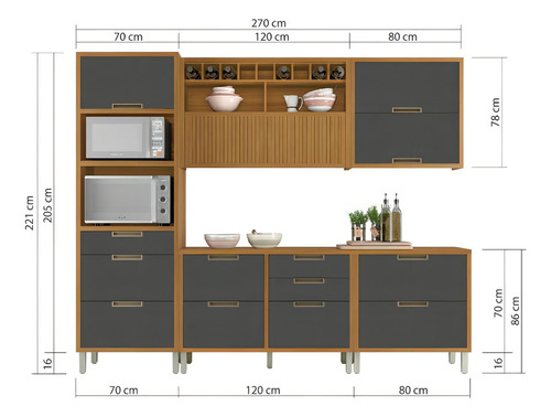 Cozinha Completa Nesher Imperatriz 5 Peças Mdf Marrom/cinza