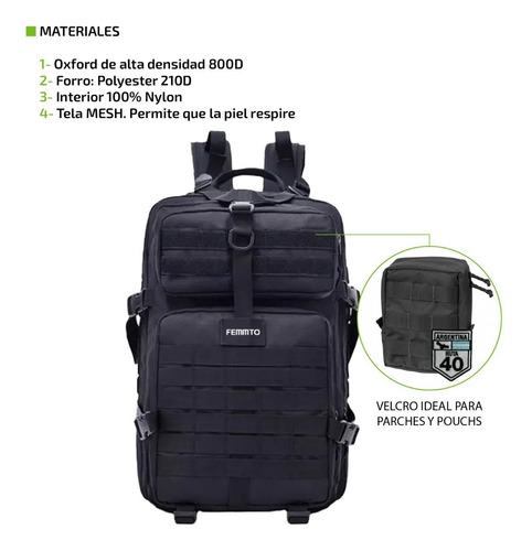 Imagen 4 de 9 de Mochila Tactica Femmto 40 Litros Camping Mochilero Trekking