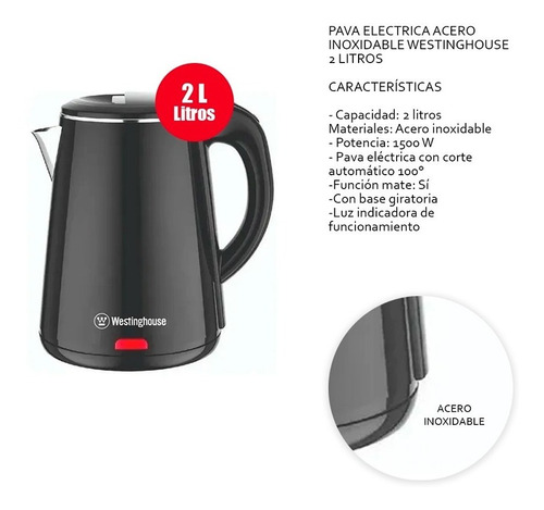 Pava Eléctrica Westinghouse Wh-pe0172 2 Litros 1500w Lh