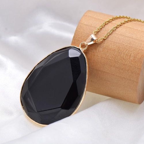 Collar Colgante Gota Grande De Ónix Negro Con Oro Amarillo