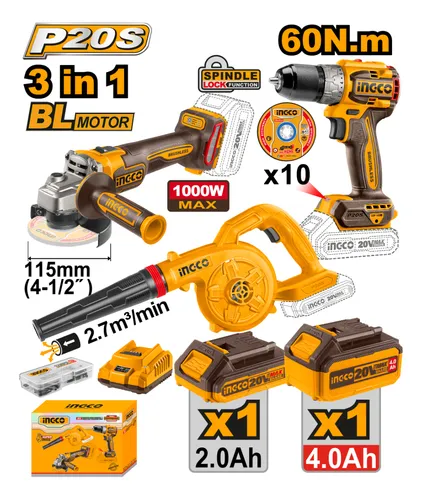 Kit Amoladora Taladro Sopladora Ingco 20v Cosli241192