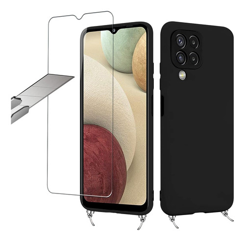 Funda Silicona Para Galaxy A12/m12 Con Cordón Ajustable+mica