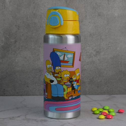 Botella Agua Termo Aluminio Botón Personajes Animados 600 Ml Color Simpsons