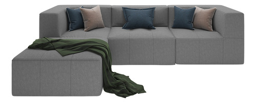 Sofá Modular Na Caixa 3 Lugares Living Sala Boucle Cor Cinza - 2 Braços E Chaise Lado Esquerdo Ou Direito, Design Moderno E Aconchegante