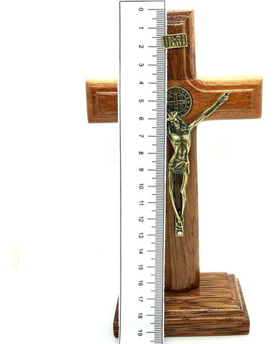Crucifixo Mesa Cruz Sagrada Medalha São Bento 17cm Stlr 04