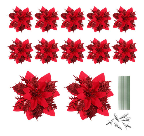 Flores De Nochebuena Rojas Artificiales 12 Piezas Flores De