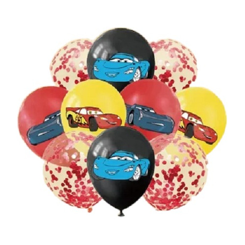 Imagen 1 de 3 de Set 10 Globos Latex Cars Feliz Cumple Confetti