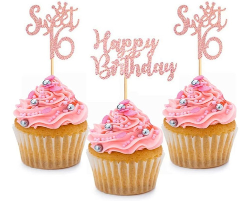 24 Pcs Rose Gold Glitter Sweet 16 Happy Birthday Cupcake Top