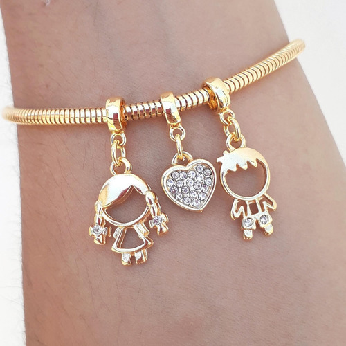 Pulseira Berloques Filhos Casal Banhada A Ouro 18k Premium