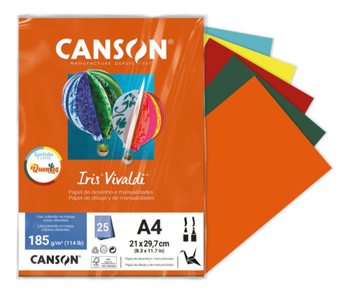 Papel Canson Iris Vivaldi A4 185g/m2 5 Cores Quentes 25 Fls