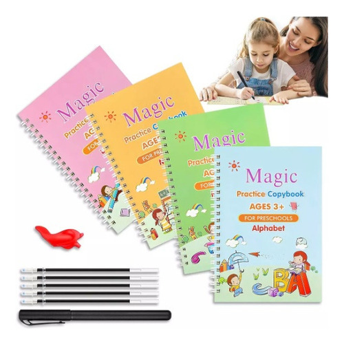 Set 4 Cuadernos Magicos Caligrafía Niños Lapicero Mágico