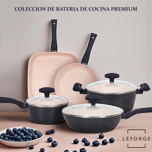 Bateria Cocina Antiadherente Ceramica 8 Pcs Glitter Granito Rosa Con Marengo