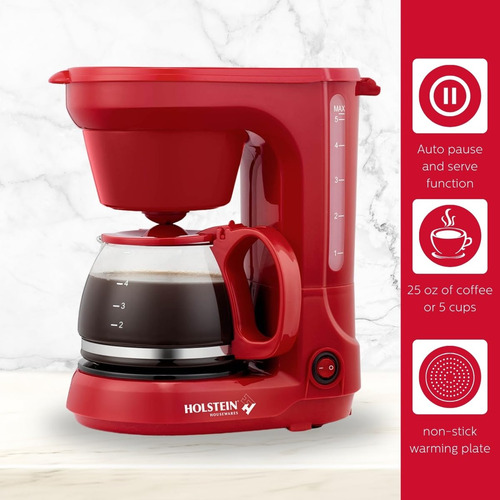 Cafetera De Goteo 5 Tazas Filtro Permanente Jarra Vidrio Roj