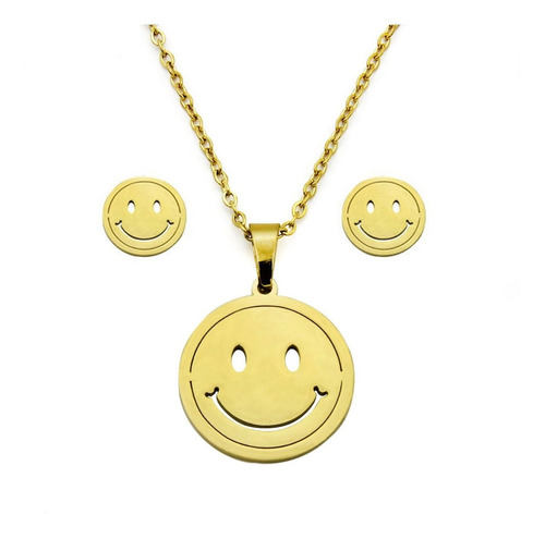 Set Joyeria Acero Dorado Happy Face Cara Feliz Lisa