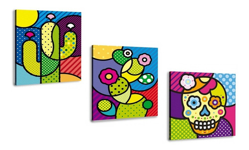 Set Cuadros Canvas Pop Moderno Mexicano Colores Cactus 