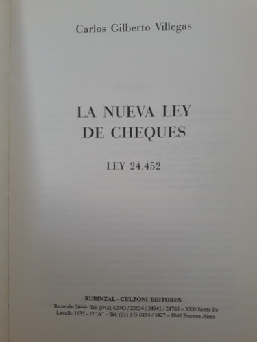 Derecho. Ley De Cheques 24452. Carlos Gilberto Villegas (Usado)