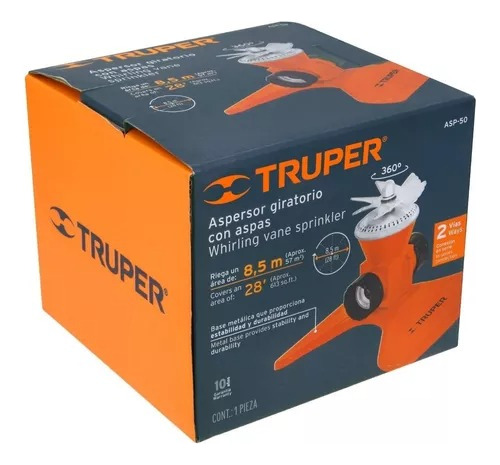 Aspersor Metálico, Giratorio C/aspas, Riego 5m, Truper 10329