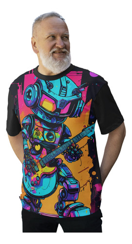 Camiseta Plus Size Robô Guitar Music Dance Neon