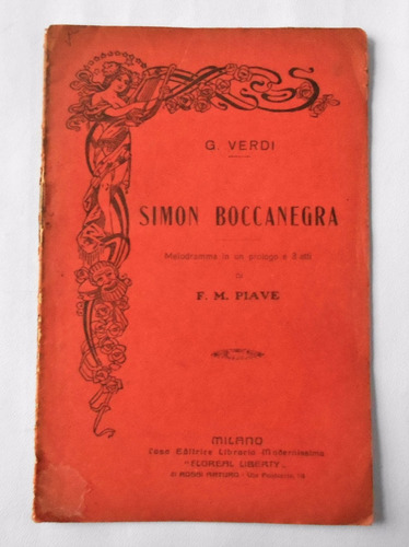 Antiguo Impreso Letra Opera Simon Boccanegra Verdi Circa1910