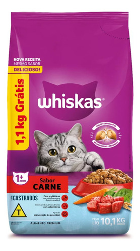 Ração Whiskas Carne Gatos Castrados 9 Kg + 1,1 Kg Top