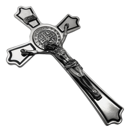 Crucifixo Cruz Metal Parede São Bento Prateado 17 Cm