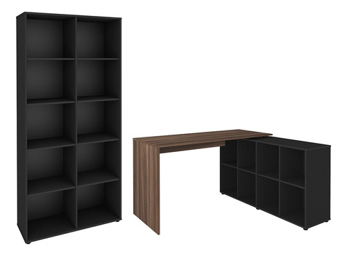 Mesa Escrivaninha L Eron Com Estante 90x187cm Lean Ipê/preto