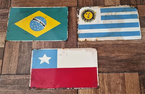 Antiguos Carteles Chapa No Enlozado Bandera Brasil Uru Chile