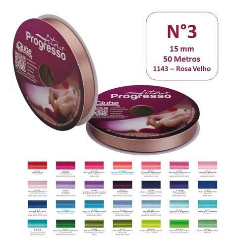 Fita De Cetim Nº 3 50 Metros X 15mm Progresso Rolo 1 Unidade Cor 1143 - Rosa Velho