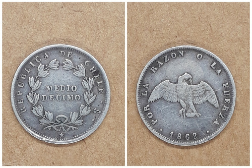 Moneda 1/2 Décimo 1862 Chile, Muy Raro