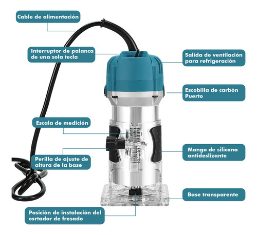 Router de inmersión QueenTrade 039476, 800 W, 110 V, 30 000 RPM, profundidad de corte de 8 mm, incluye 15 brocas y 2 escobillas de carbón, diseño compacto de 1 kg.