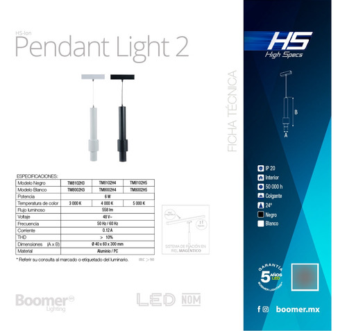 Luminario Hs-ion Pendant D40 M2 Negro, 6w, 3000k, 558lm
