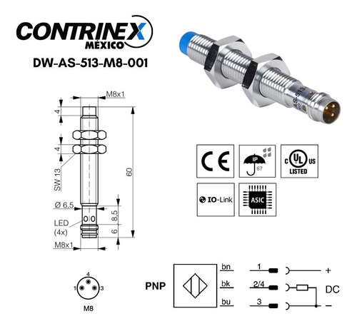 Sensor Inductivo Dw-as-513-m8-001 Pnp M8 3-pin Io-link 6mm