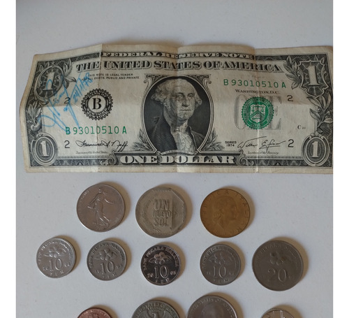 Monedas Varios Paises Y Billete Dólar. Para Colecciónistas
