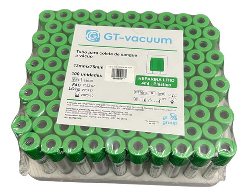 Tubo Vacuo Coleta Sangue Heparina Sódio 6ml 100uni 13x10mm