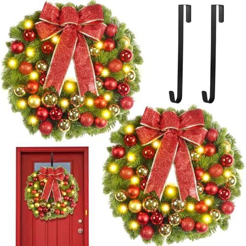 2 Pcs 16 Inch Pre Lit Christmas Wreath With Metal Hange...