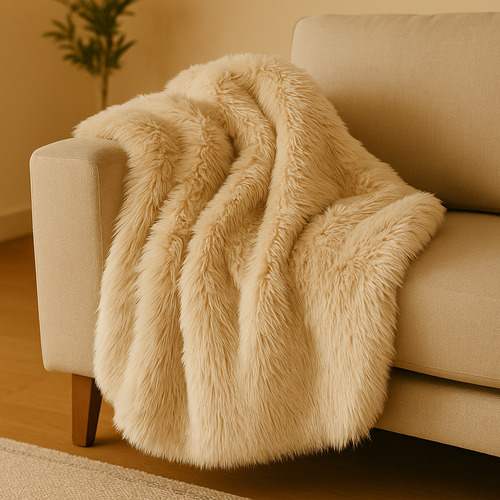 Manta Suave De Piel Pelo Largo Decorativa Para Sillón O Cama Beige