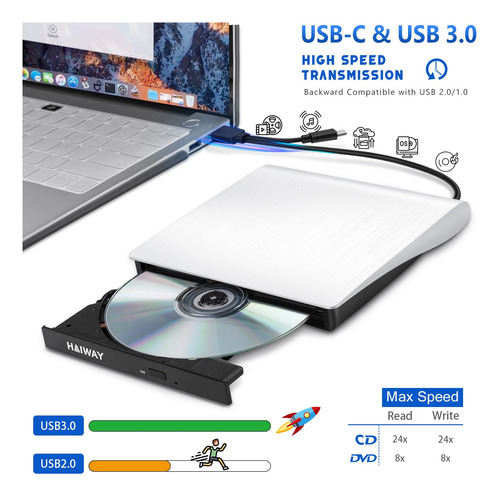 Unidad De Dvd Externa Haiway Usb 3.0 Tipo C Grabadora De Cd
